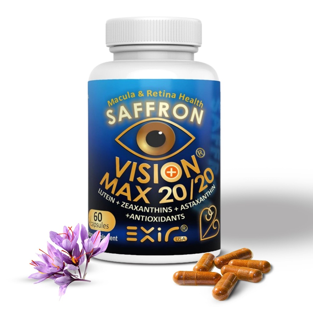 Vitaminas Ojo EXIR Lutein, Astaxanthin Saffron, Zeaxanthin, Semilla de uva, Suplemento Turmérico para Floaters, Strain, Presión, Visión nocturna, VM20-60 Capsules