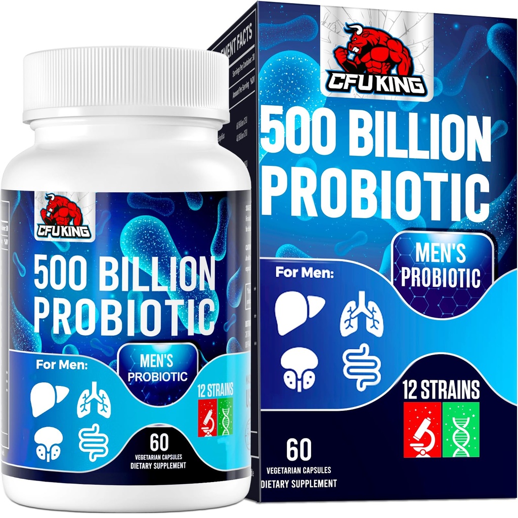 Probióticos para Hombres, 500 Billones CFU &amp; 12 Hombres Probiótico para Salud Digestiva + 4 Fibra Prebiótica Orgánica, para Salud Digestiva, Gut, Inmune, Bloating, Gas, Apoyo Energético, Estable de Estante - 60 cápsulas