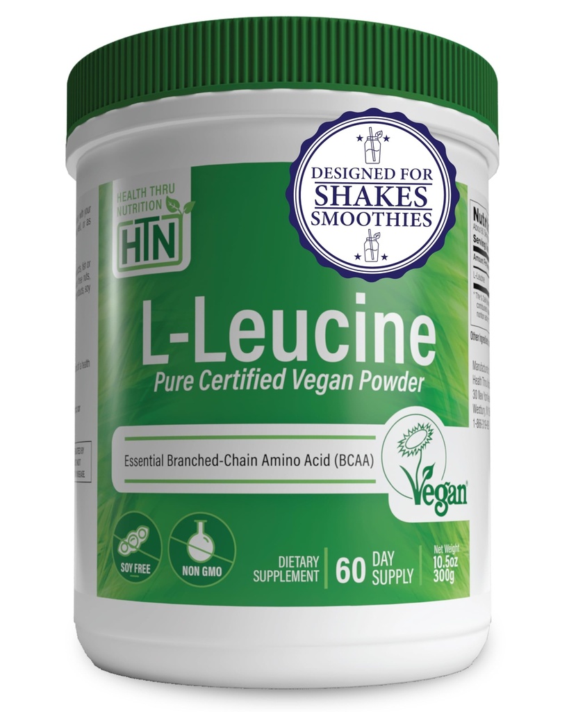 Health Thru Nutrition Pure L-Leucine Powder 300g ← Certified Vegan Silencio Fermented Silencio Non-GMO Silencio Essential BCAA Silencio 3rd Party Tested ← 5 Grams per Serving Silencio (60 Servings)