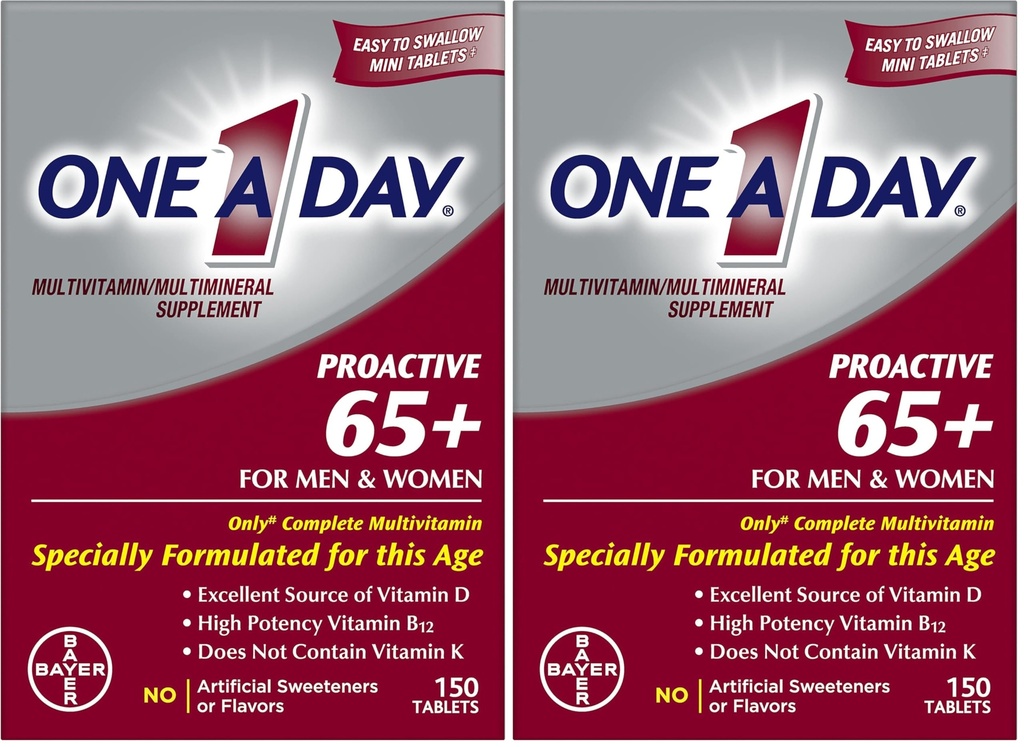UNA A DAY Proactive 65+, Mens & Womens Multivitamin, Suplemento con Vitamina A, Vitamina C, Vitamina D y Zinc para Immune Health Support*, Calcium, Folic Acid &amp; More, Tablet 150 Count (Pack of 2)