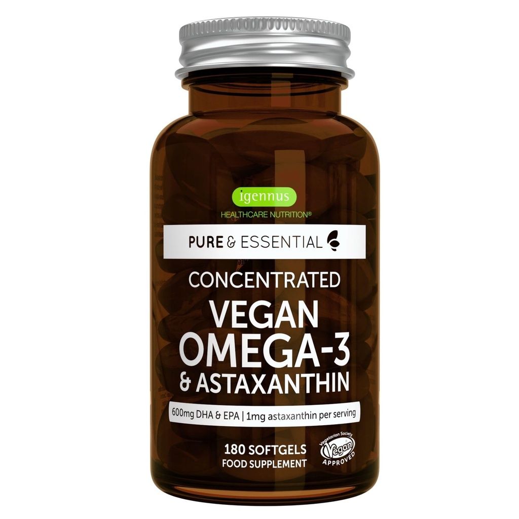 Igennus Vegan Omega-3 Natural Triglyceride Algae Oil, DHA &amp; EPA Fatty Acid Supplement, 180 Small Softgels with Astaxanthin, Easy-to-Swallow, Pure & Sustainable, 90 Servings