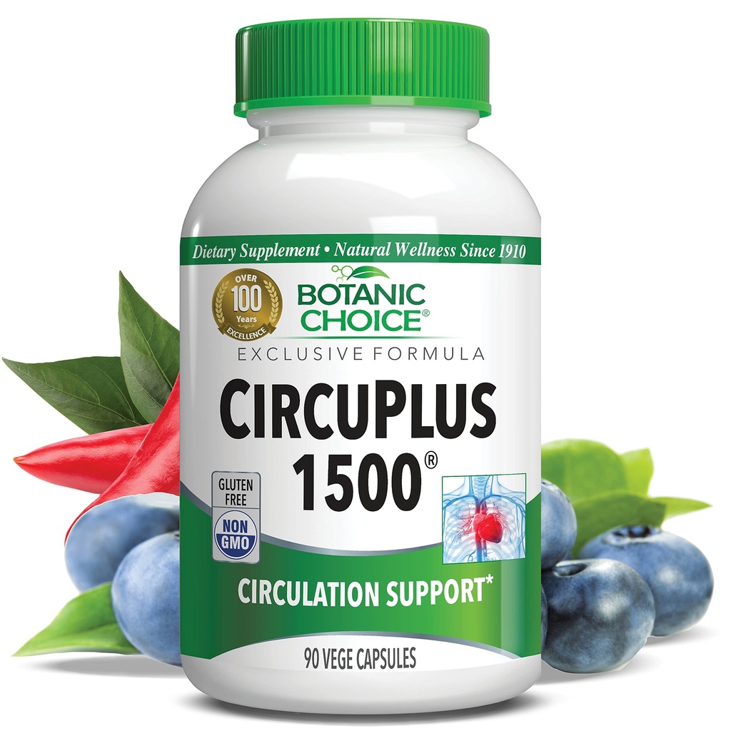 Botanic Choice CircuPlus 1500 - Heart Health & Circulation and Vein Support Supplement - Vitamin B1, Cayenne Pepper, Hawthorn, Ginkgo Biloba for Adults Men &amp; Women (90 Capsules)