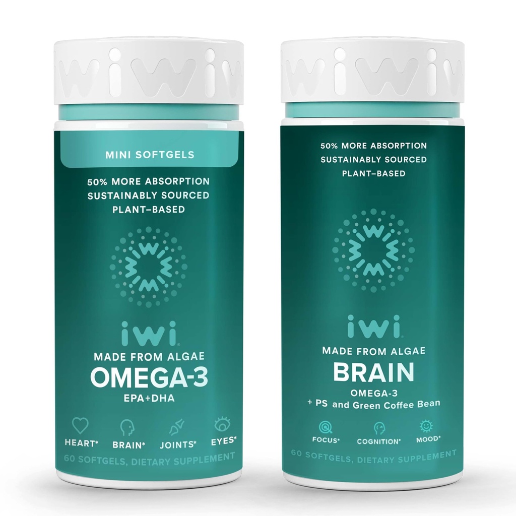 Iwi Omega-3 Minis &amp; Brain Omega-3 Bundle, 30 Servings, Vegan Plant-Based Algae Omega 3 con EPA + DHA, Krill & Fish Oil Alternative, No Fishy Aftertaste