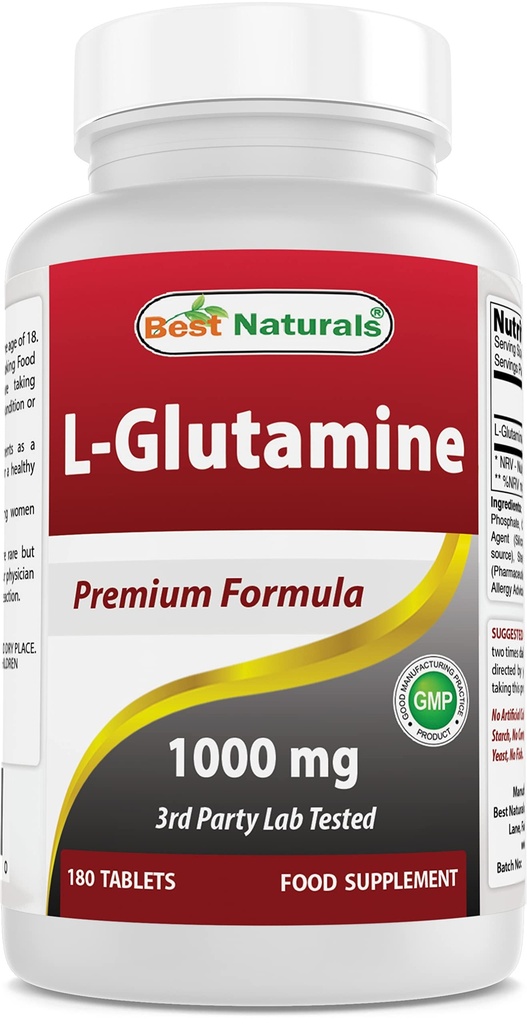 Mejores Naturales L-Glutamina 1000mg Combustible para el entrenamiento (No-GMO) Tabletas, 180 Condes
