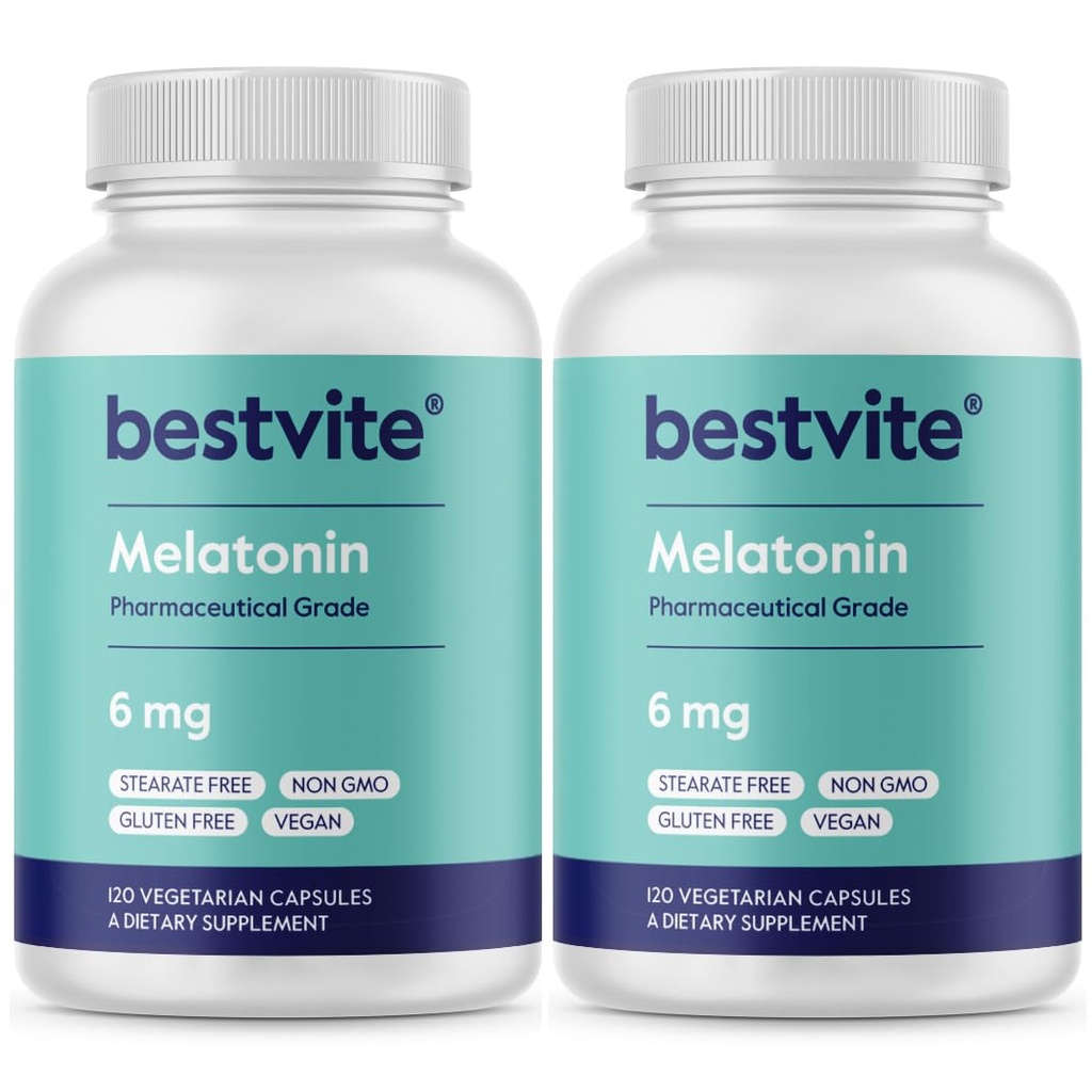 BESTVITE Melatonin 6mg (240 cápsulas vegetarianas) (120 x 2) - No Stearates - Vegan - No GMO - Gluten Gratis