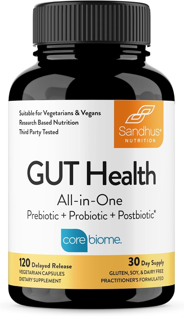 Sandhu's Gut Health - Prebiótico, Probiótico, Postbiótico " L-Glutamine tóxico Digestive Health, Colon, Probiótico Total Suplementos Silencio 120 Delayed Release Capsules