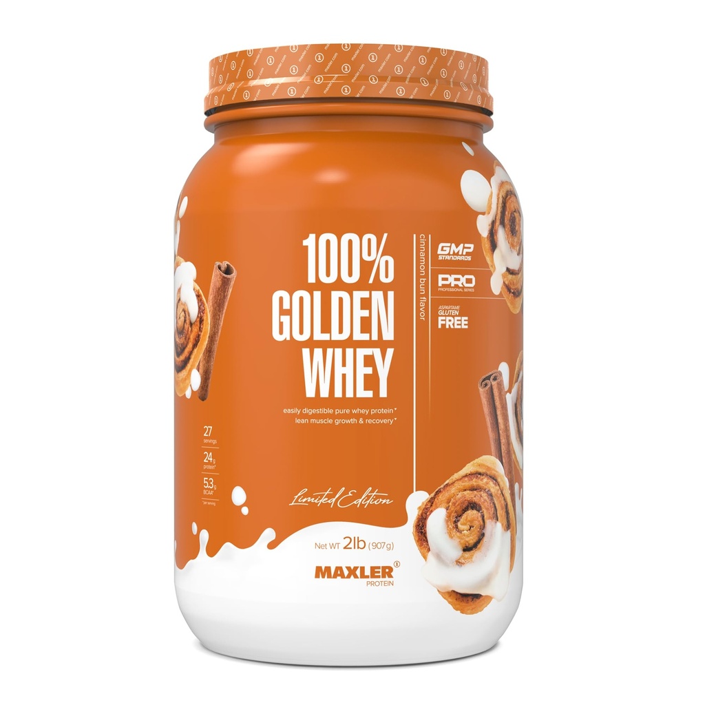 Maxler 100% Golden Whey Protein - 24g de Proteína por Serving - Premium Whey Protein Powder para Pre Post Workout - Fast-Absorbing Whey Concentrate, Isolate & Hydrolysate Blend - Cinnamon Bun 2 lbs