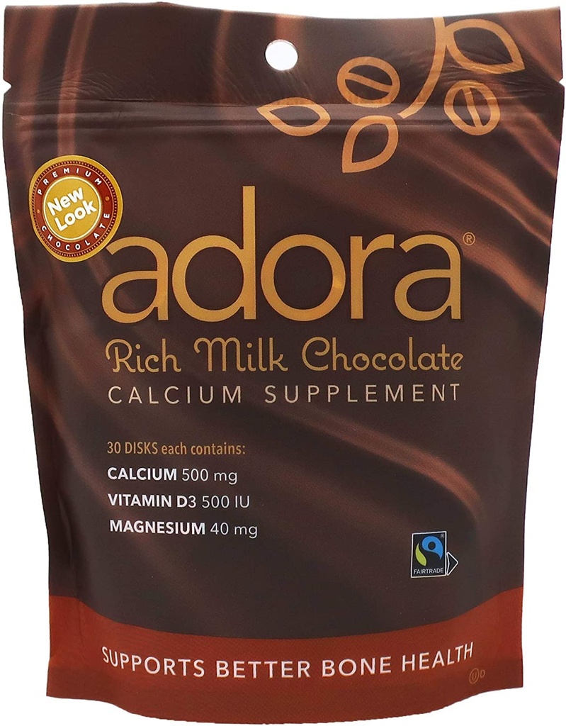 Adora Premium Vitamina D3 Magnesio y Suplemento Calcio, 500 mg, Milk Chocolate, 30 Conde
