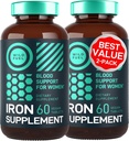 Suplemento de hierro vegano para mujeres con ácido fólico - 35 mg Constructor de sangre Sulfato ferroso, ácido fólico 400 mcg - Planchas de hierro para mujeres con anemia " Apoyo al embarazo - 120 Tablas sin gluten - 2Pack