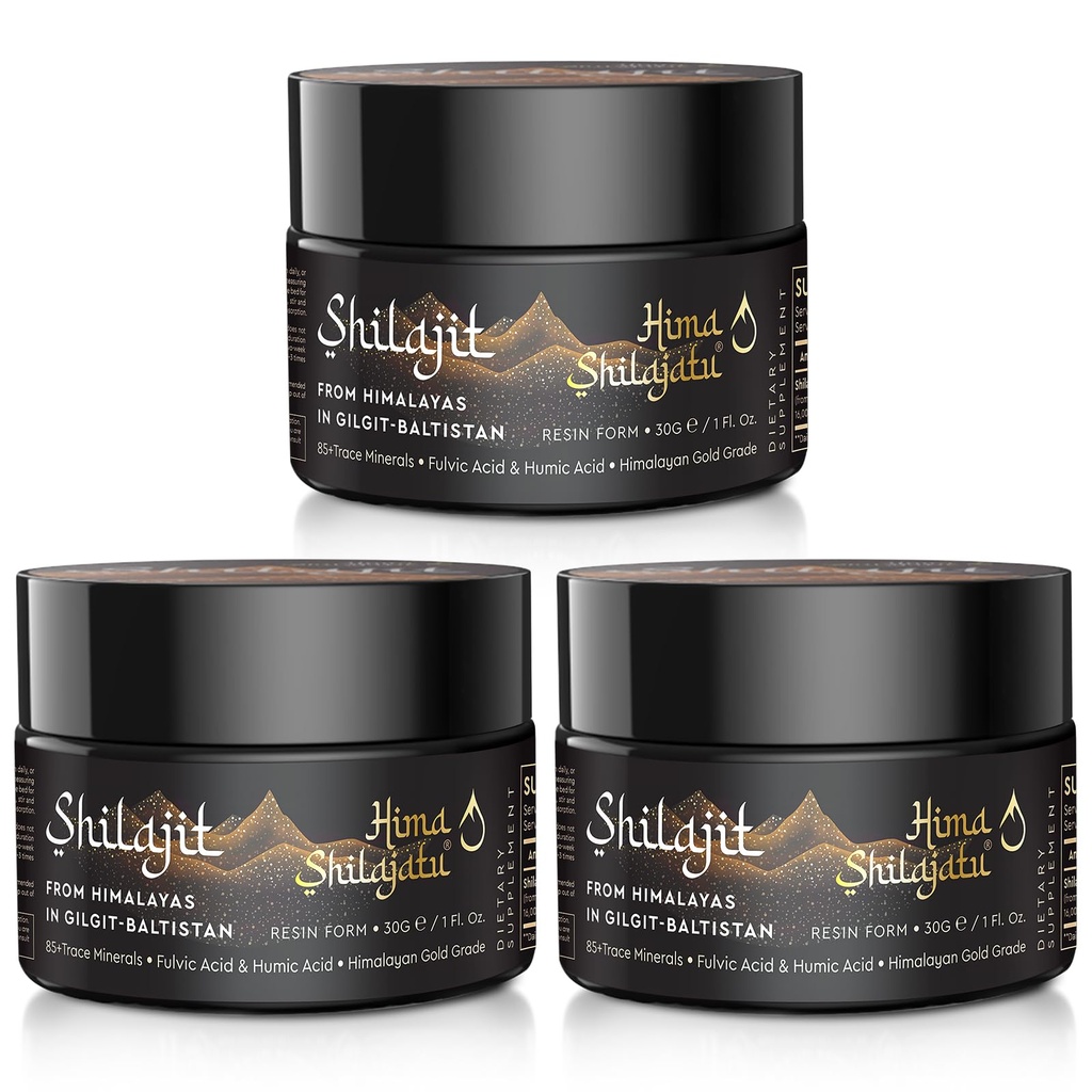 Shilajit Purest Himalayan Organic Shilajit Resin - Gold Grade 100% Purity Shilajit with Fulvic Acid &amp; 85+ Trace Minerals Complex for Energy &amp; Immune Support, Pack of 3 (6 Months Supply)