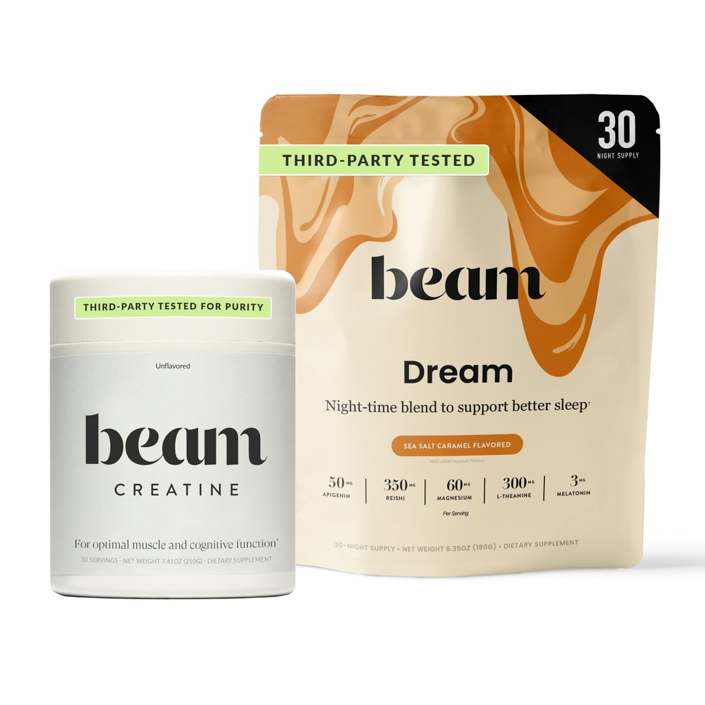 Beam Dream Sleep Powder &amp; Creatine Bundle, Third Party tested Natural Sleep Aid & Recovery Suplemento con micronized Creatine Monohydrate, Unflavored Pure Creatine Powder for Muscle Strength, Energy