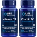 Extensión de vida Vitamina D3 25 mcg (1000 UI), Soporte de sistema inmunitario, salud ósea, salud integral, tamaño de valor, libre de gluten, no transgénico – dos paquete - 2 x 250 Softgels