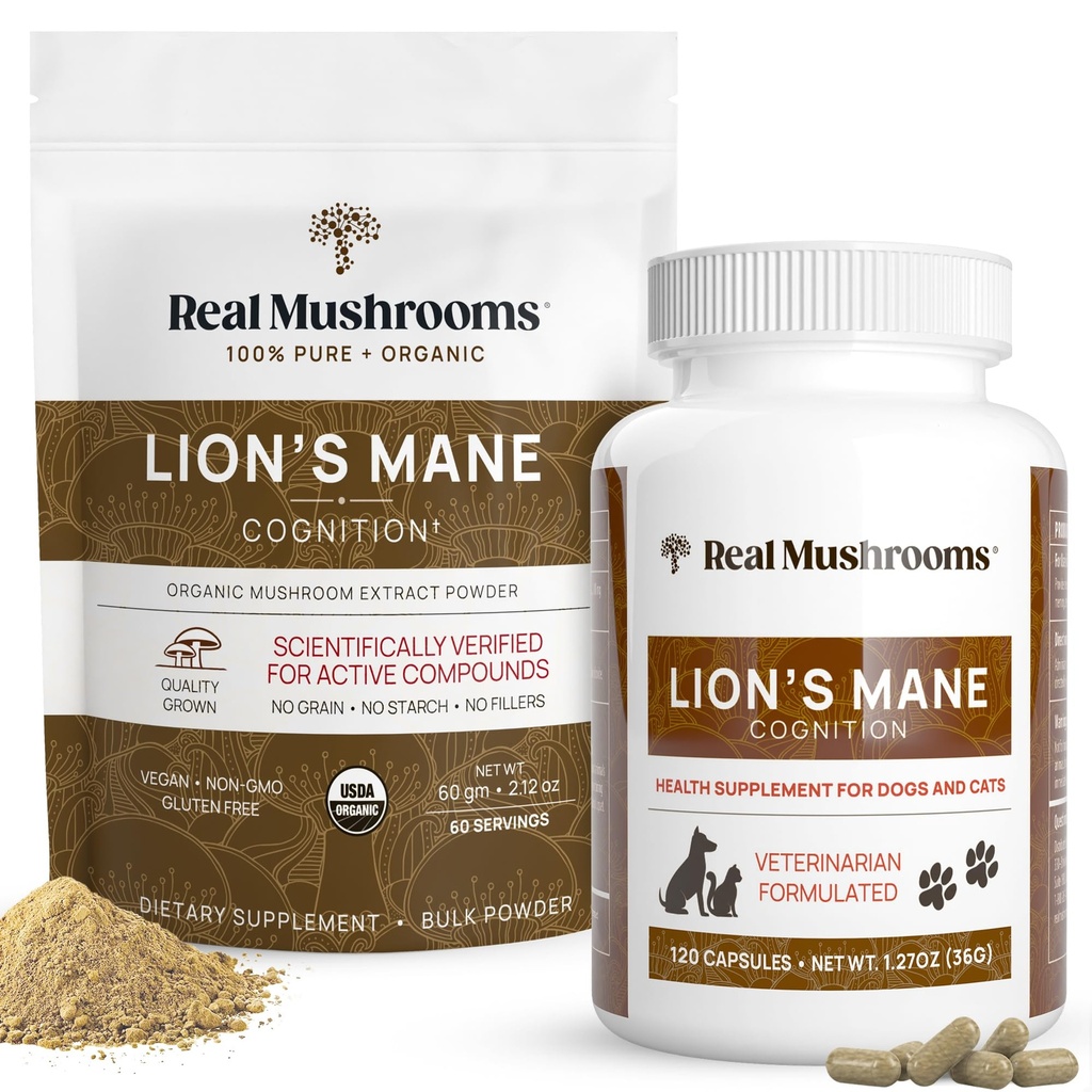 Mushrooms reales Lions Mane for Humans (60 Servings) and Pets (120ct) - Powder " Capsules Bundle for Cognition " Immunity - Vegan, Non-GMO, Gluten-Free, Grain-Free Mushroom Extract Suplementos