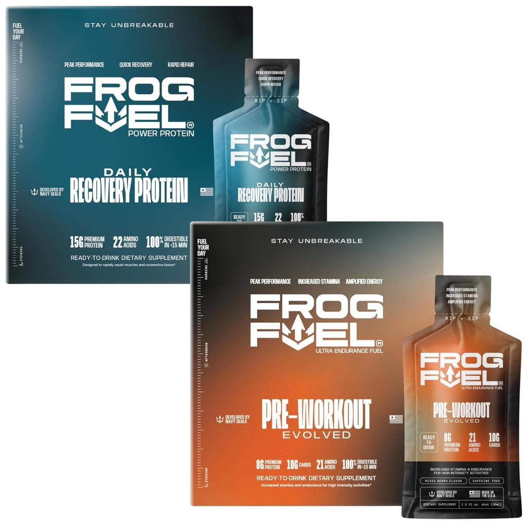 Frog Fuel Power Regular Protein &amp; Ultra Pre Workout Shot Bundle, 1500mg Beta Alanine, 15g Protein Nano-Hydrolyzed Grass Fed Collagen, Pre &amp; Post Workout, 1.2 oz Packets, 48 Pack