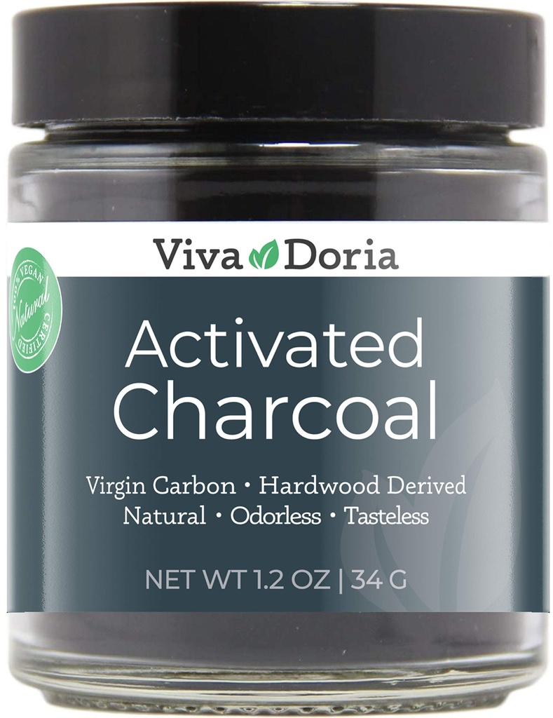 Viva Doria Powder de carbón activado, Destruido de madera dura, Grado de alimentos, 1.2 Oz Jarrón de vidrio