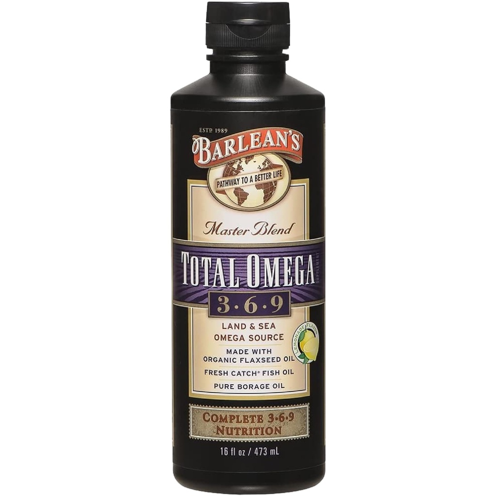 Total Omega de Barlean 3 6 9 Suplemento de aceite de pescado líquido con aceite de borrado y licuado 6,468 mg de Omegas EPA, DHA, ALA y GLA para salud conjunta y cardíaca, 16 oz