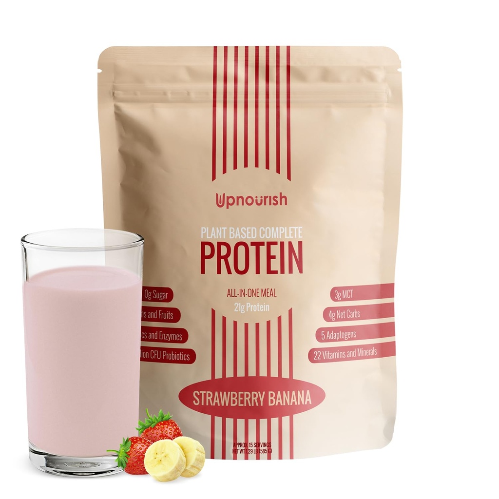 UpNourish Strawberry Banana Vegan Protein Powder 54 Superfoods Powder,1.5 Billion CFU Probiotics 21g Plant Based Protein,No Sugar No Dairy No GMO Dairy Free,Meal Replacement Shake Keto-Friendly Low-Carb Diet,15 Servimientos