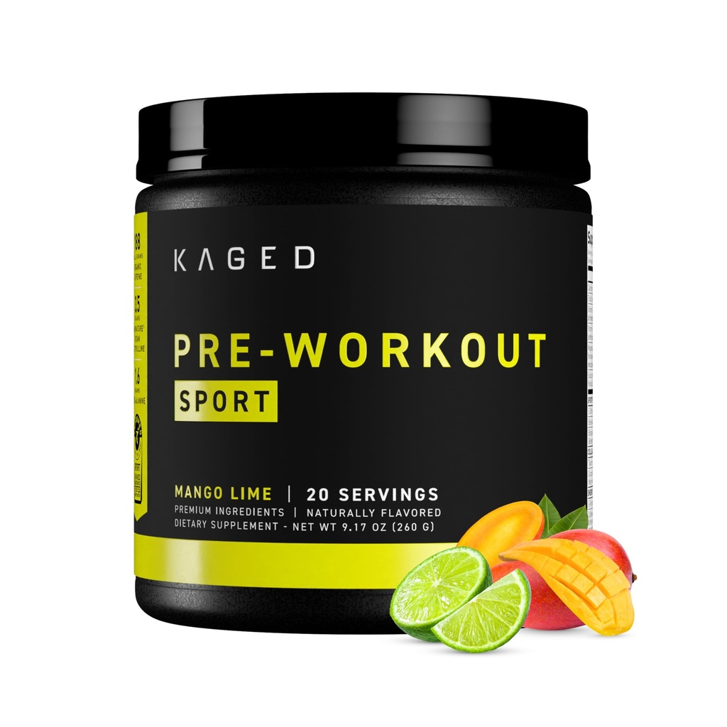 Kaged Sport Pre Workout Powder for Men &amp; Women, Mango Lime, Sport Certified, 188mg Caffeine, Nitric Oxide Supplement, Beta Alanine for Energy, Weightlifting, Cardio Endurance &amp; Strength, 20 Servings