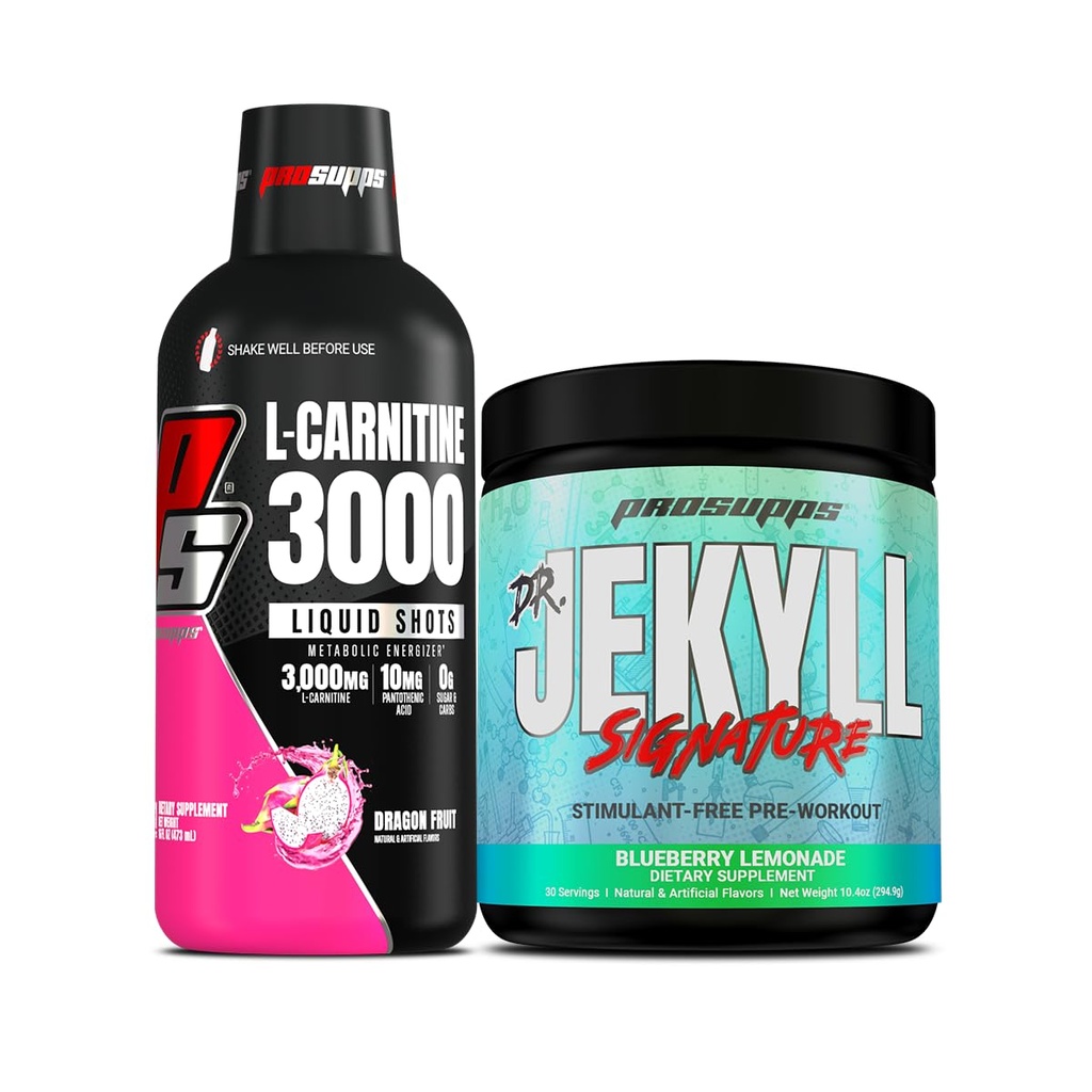 PROSUPPS L-Carnitine 3000 Stimulant Free Liquid Shots (31 Servings, Dragon Fruit) y Mr. Hyde Signature Series Pre-Workout Energy Powdered Drink (30 Servings, Blueberry Lemonade) Bundle
