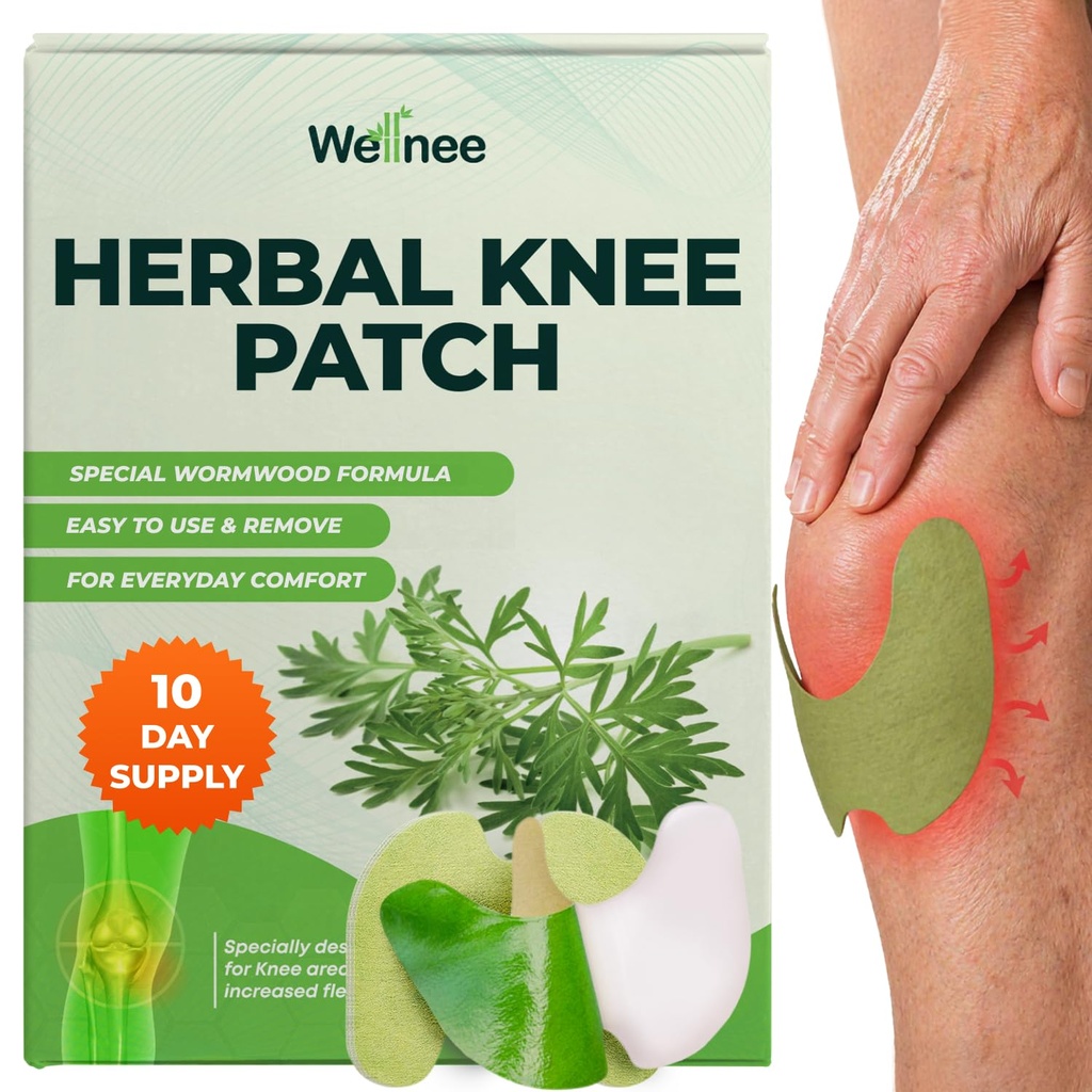 Wellnee Original Herbal Knee Patch - Wellknee Plaster para mango &amp; Muscle Pain - Maximum Strength for a Temporary Relief - Adhesive Hecho con hierbas naturales para el bienestar (10 Pads)