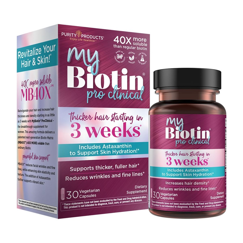 Productos de pureza MyBiotin ProClinical – Cabello delgado desde 3 semanas & luchas arrugas - MB40X Biotina patentada Vitamina B7 Matriz w/Astaxanthin - 40X Más Soluble vs Biotina ordinaria, 30 cápsulas del Veg