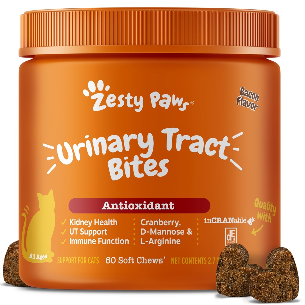 Zesty Paws Cranberry Urinary Tract Bites for Cats - Kidney & Urinary Tract Health - Soft Chews with D-Mannose, Vitamina B6 &amp; L-Arginine - Immune & Gut Support - Bacon - 60 Count