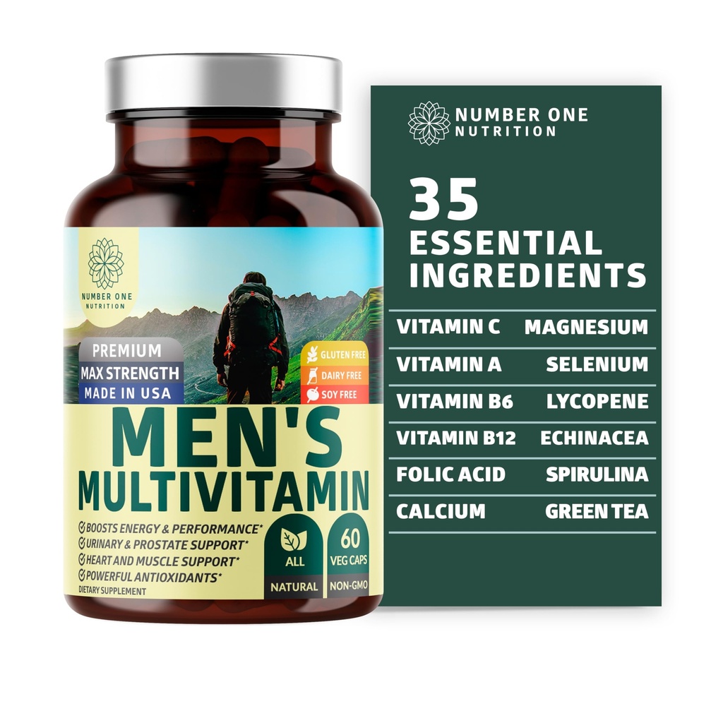 Número 1 Nutrición Premium Hombres Suplemento Multivitamínico Diario Multivitamina [Gluten Free, Non-GMO], Vitaminas A C E D B1 B2 B5 B6 B12, Magnesio, Biotina, Sprulina y Zinc, 60 caps.