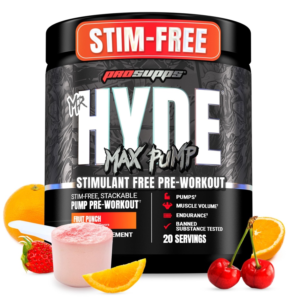 PROSUPPS Mr. Hyde Max Pump Pre Workout Powder - Stim-Free Preworkout Supports Blood Flow, Muscle Volume &amp; Endurance - Caffeine-Free Nitric Oxide Gym &amp; Fitness Supplements (Fruit Punch, 20 Servings)