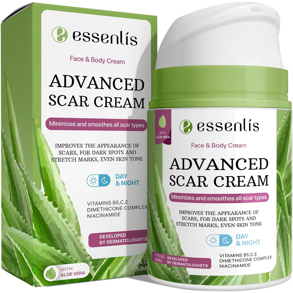 Crema de eliminación de cicatrices para hombres, reparación rápida de nuevas cicatrices viejas, manchas, quema todo el tratamiento natural con vitamina E, B5, C, Aloe Vera, 1.7 Fl Oz