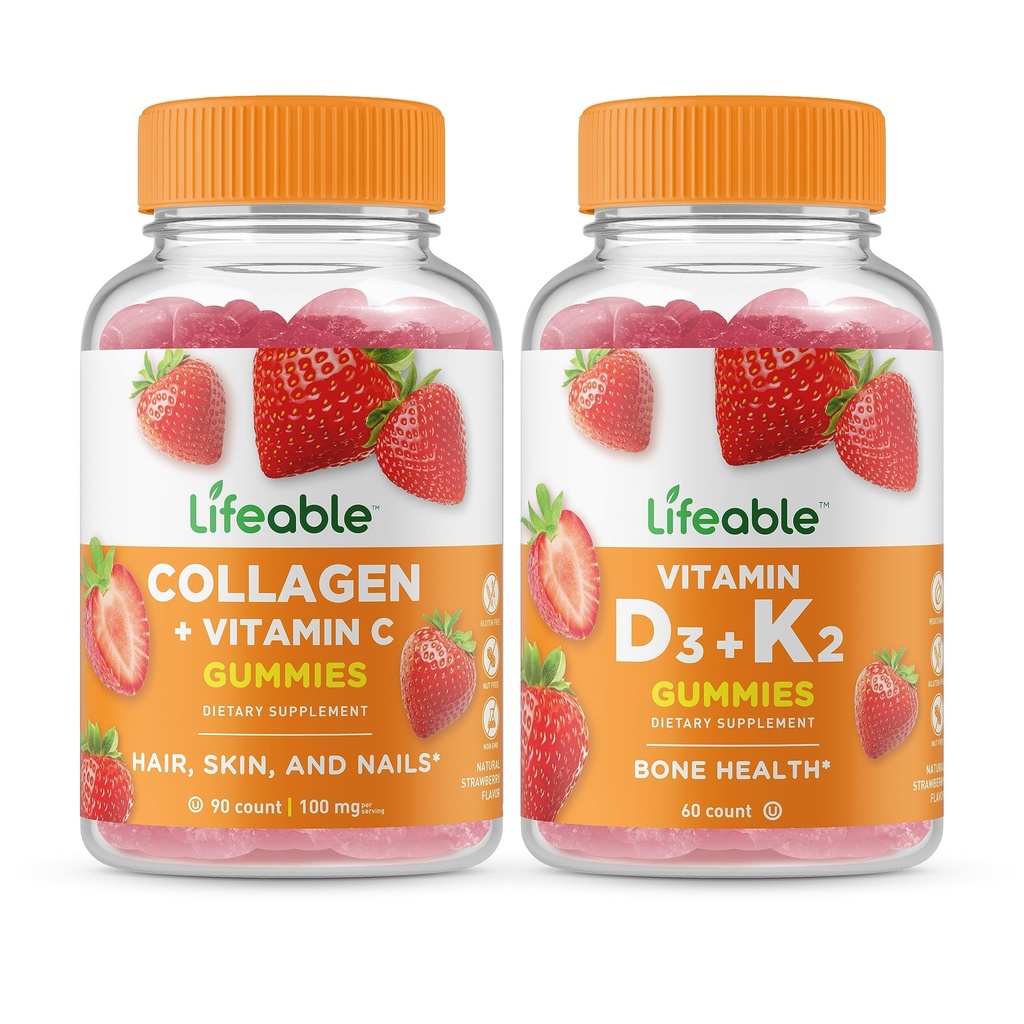 Collagen Lifeable &amp; Vitamina C + Vitamina D3 + Vitamina K2, Gummies Bundle - Gran Tasting, Suplemento de vitaminas, Gluten Gratis, GMO Gratis, Chewable Gummy