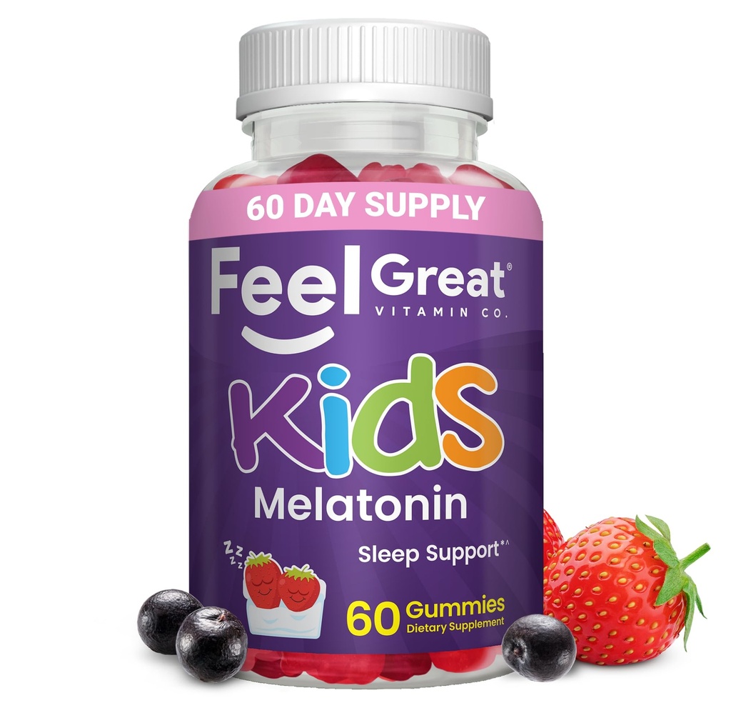 Feel Great Kids Melatonin Gummy ← Strawberry Flavored Melatonin Gummies Kids ← 1 MG de Melatonin Sleep Aid for Kids ← Vegan Gummies ← 60 Day Supply