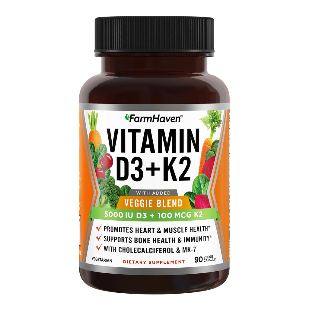 FarmHaven Vitamina D3 K2 Cápsulas - 5000 UI D3 y 100 mcg K2 - Cholecalciferol MK7 con frutas vegetales Blend - Vitamina D K2 Suplemento para el sistema inmunológico " Salud del corazón - Vegetariano, No GMO, 90 Cápsulas