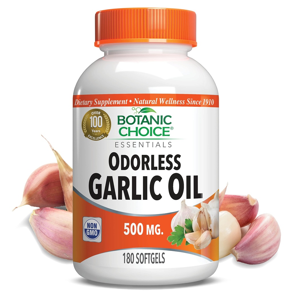 Botanic Choice Odorless Aceite de Ajo Softgels - Antioxidante Cholesterol y Immune Support Suplemento para adultos - Gluten Free Non-GMO - 180 píldoras
