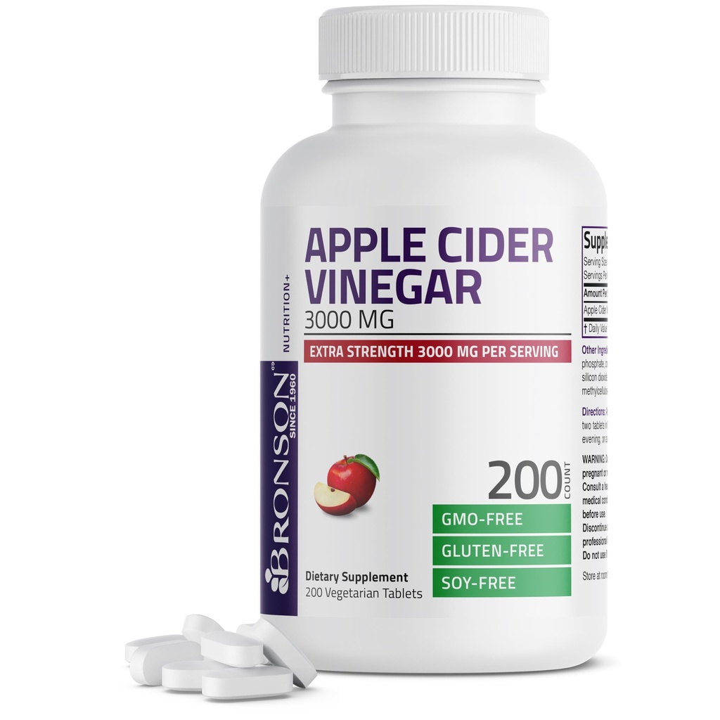 Bronson Apple Sider Vinegar 3000 MG por Serving Extra Strength - Non-GMO, 200 tabletas vegetarianas
