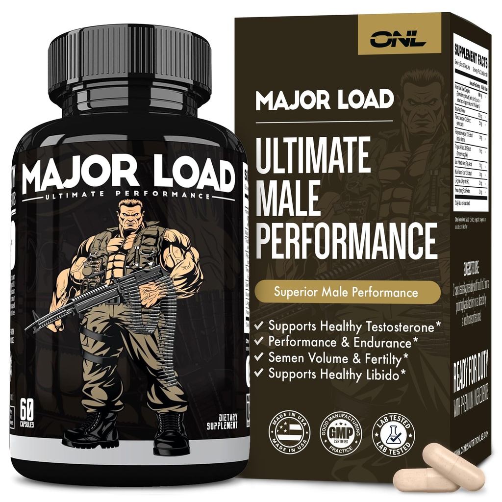 Major Load Testosterone Booster for Hombre - Suplemento de testosterona con Horny Goat Weed, Maca Root, & Tribulus Terrestris - Tongkat Ali Men's Energy, Stamina & Strength - Test Booster 60 cápsulas