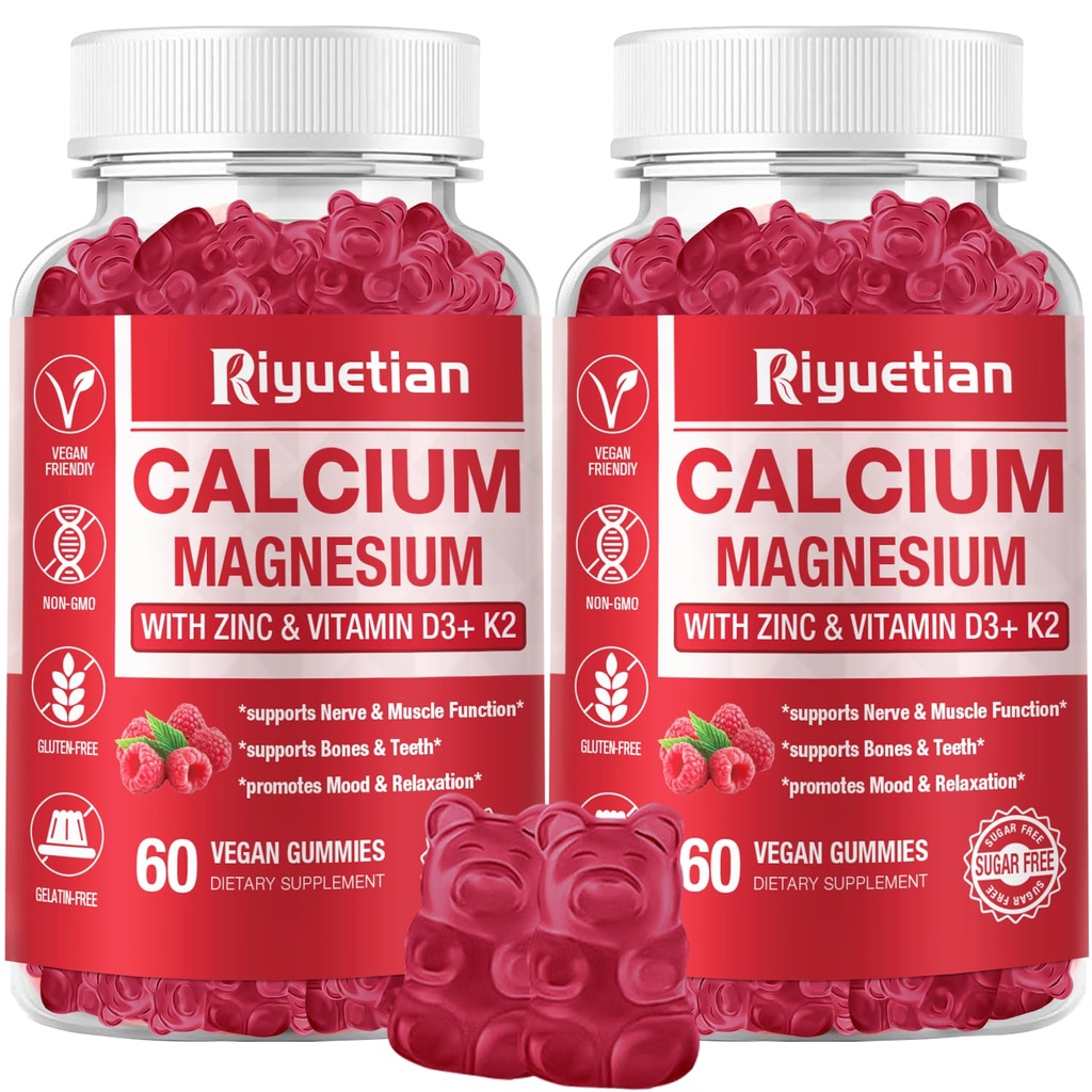 Calcio Gummies + Magnesio & Zinc con vitamina D3 & K2, Alta Absorción Suplemento de calcio para bonificación, dientes &amp; soporte inmunológico, no GMO, Vegan, 120 Condes