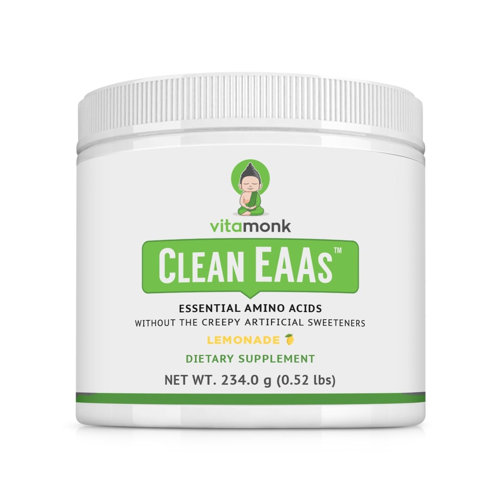 VitaMonk Clean EAA - EAAs sin Sweeteners artificiales para Pre-Workout, Energía y Recuperación - Max Bioavailable EAA Powder con 9 Aminoácidos Esenciales - Natural Lemonade Flavor