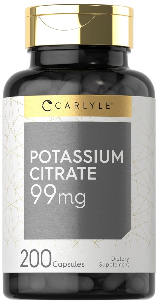 Carlyle Potassium Citrate Suplemento TEN 99mg ANTE 200 cápsulas TENIDO NO GMO Y Gluten Gratis