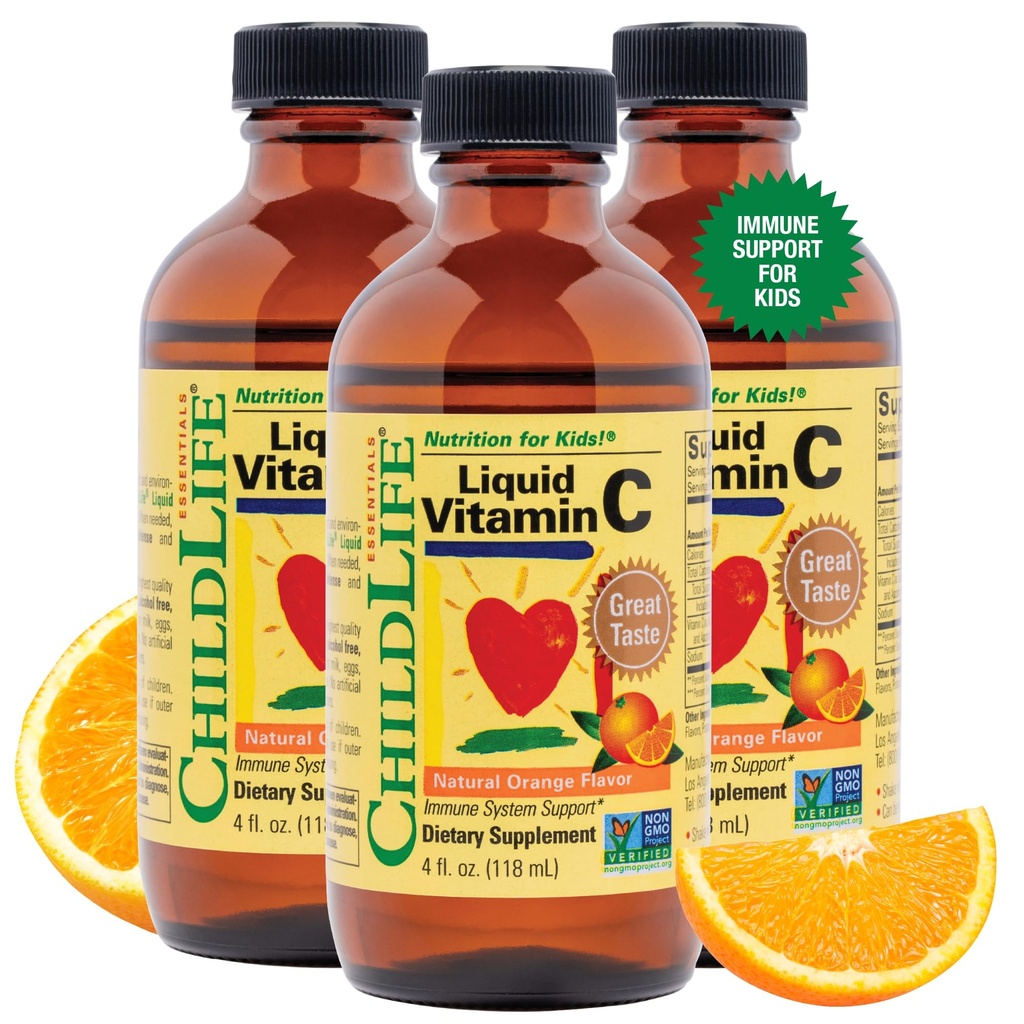 NILDLIFE ESSENTIALS Vitamina líquida C - Suplemento líquido puro de vitamina C para niños, soporte del sistema inmunológico, gran sabor - sabor natural naranja, 4 Fl Oz (Pack of 3)
