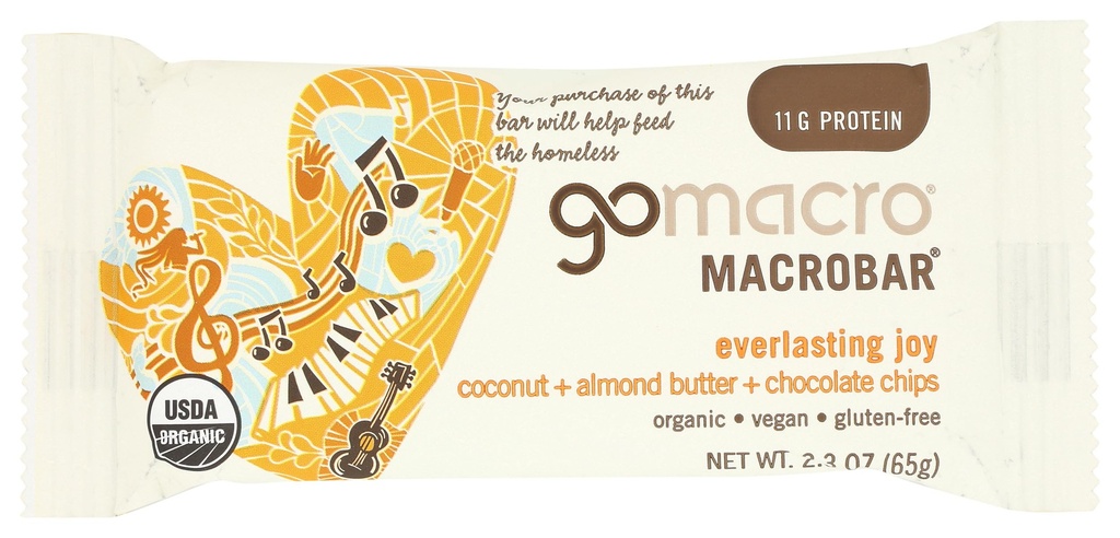 GoMacro MacroBar, Bar de Proteína Vegana Orgánica, Coco, mantequilla de almendra + Chips de chocolate, 2.3 Ounce