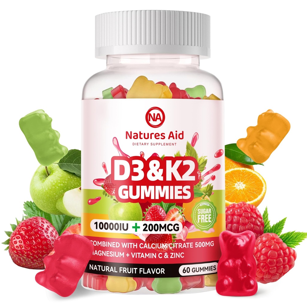 Natures Aid Vitamina libre de azúcar D3 K2 Gummies con Calcio + K2 (MK-7), Citrato de Magnesio, Vitamina C, Extra Strength - Ultimate Absorption for Bone Muscle Teeth Immune, Vegan - 60 Gummies