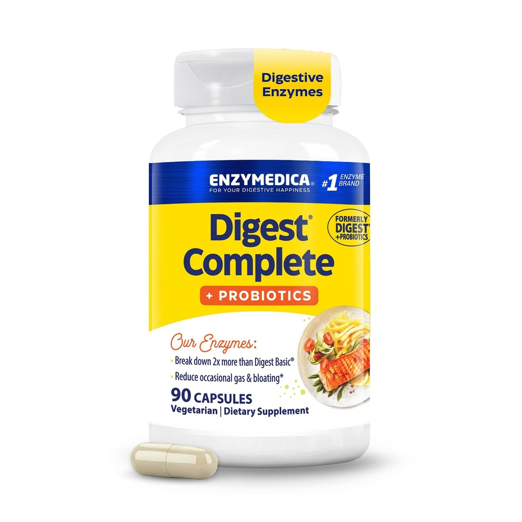 Enzymedica Digest Complete + Probiotics - Digestive Enzyme Supplement for Women & Men, Enzyme and Probiotic Capsules for Digestion, Gut Health Support, Helps Gas & Bloating, Vegetarian - 90 Caps