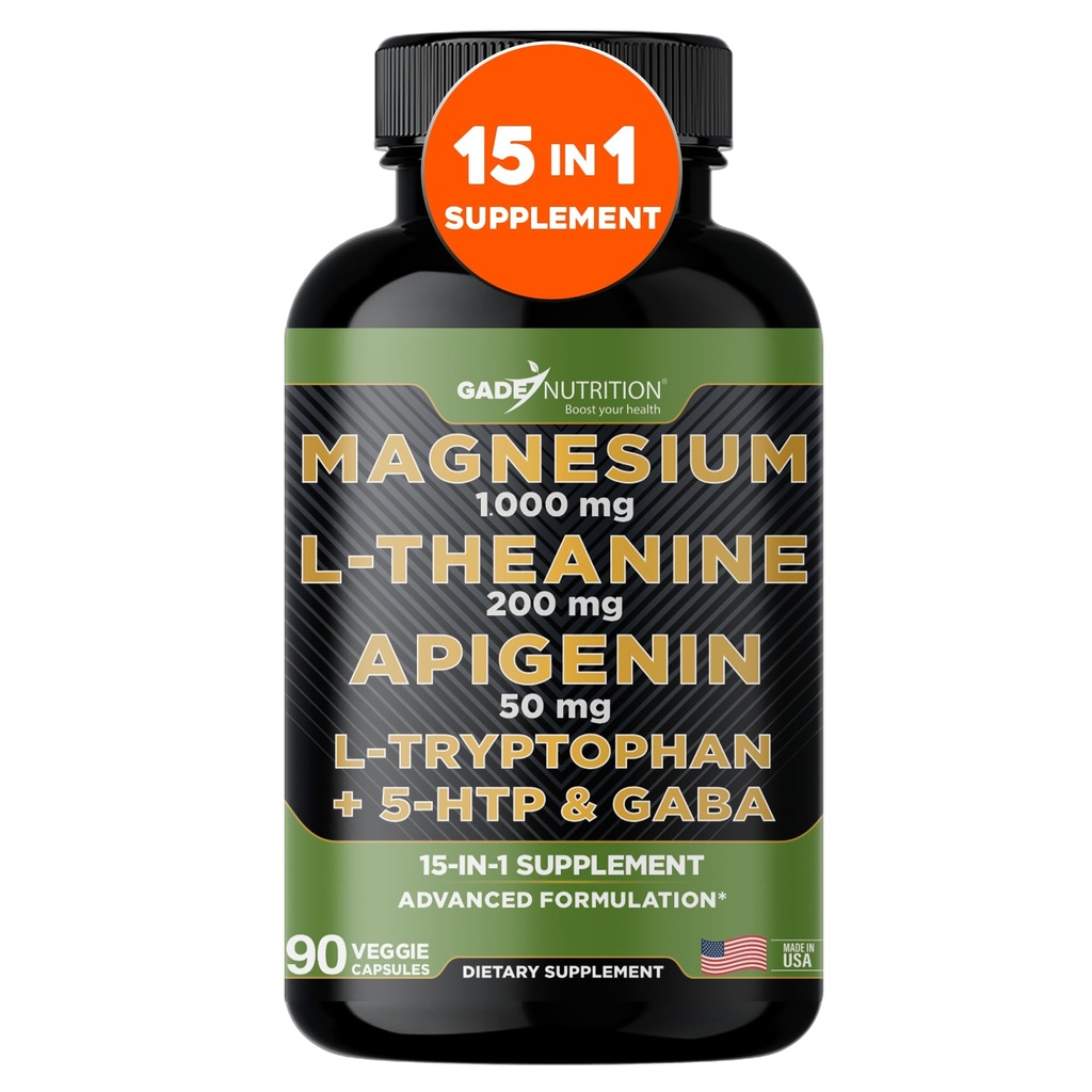Gade Nutrition Magnesium Glycinate &amp; Magneisum Suplementos con Apigenin, L Theanine 200 mg, 5 HTP, GABA Calm Brain Booster Suplemento Ayuda al sueño Ashwagandha L Tryptophan Chamomile