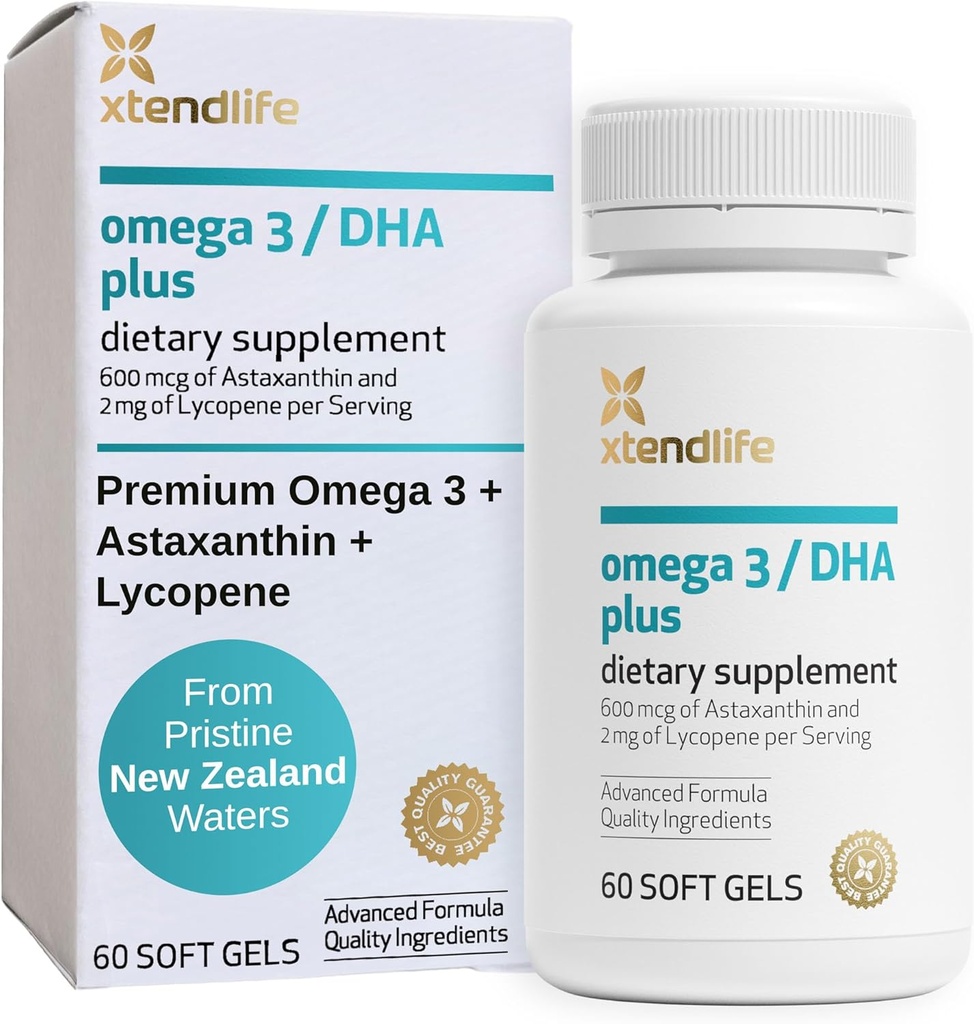Xtendlife Omega 3 DHA Plus Fish Oil for Heart, Brain, Eye &amp; Skin Health - 1100mg Omega-3 with DHA, EPA, Lycopene &amp; Astaxanthin - 1 Month Supply (60 Count)