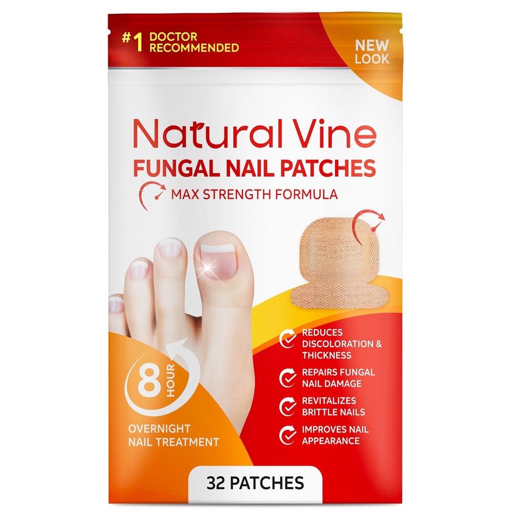 Natural Vine Fungal Nail Patches: Max Strength Formula for Toenail and Fingernails - 8-Hour Nighttime Renewal with 1% Tolnaftate - Toenail Fungus Treatment Extra Strength 32 Patches