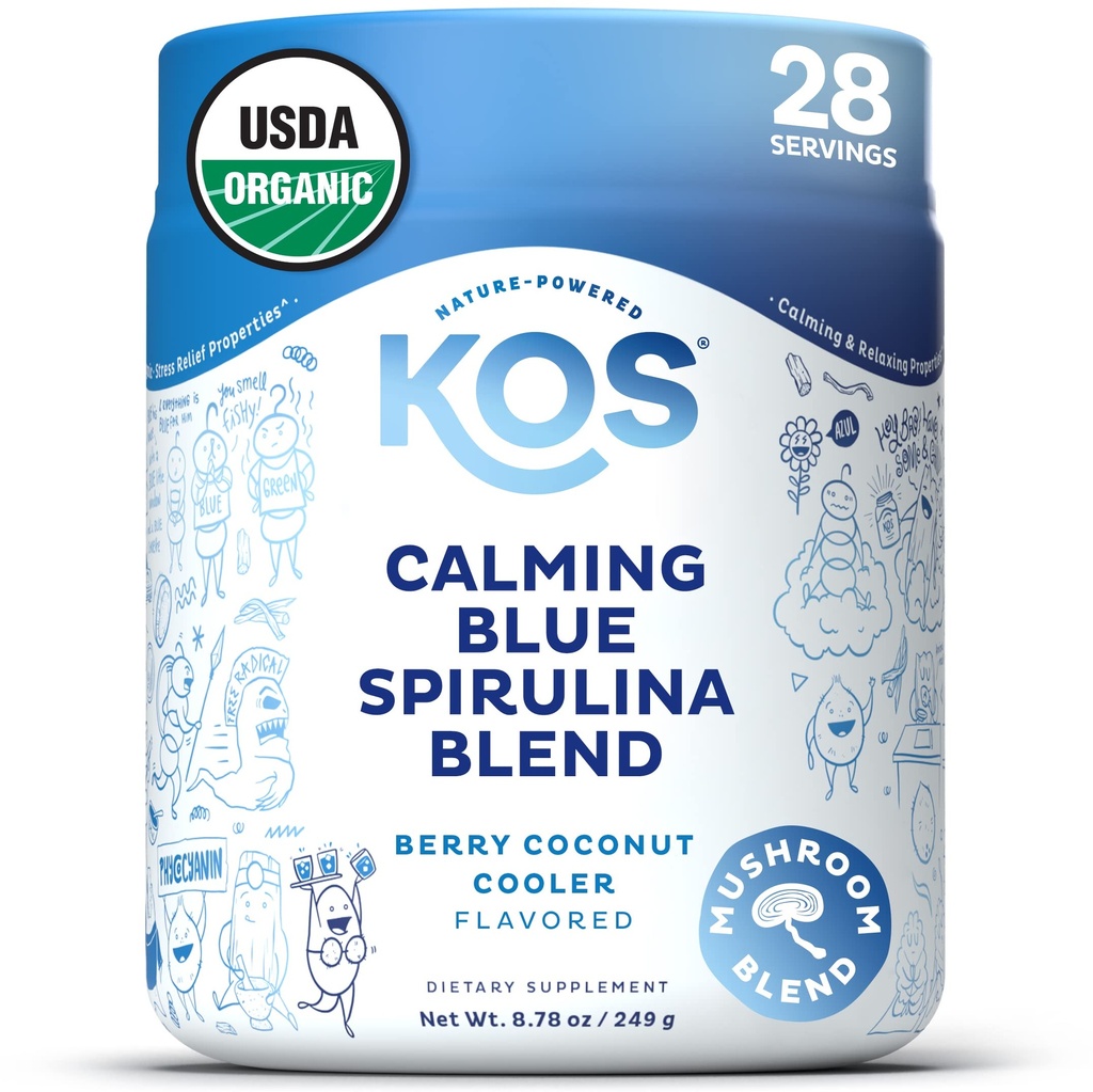 KOS Calming Blue Spirulina Blend- USDA Certified Organic - Algae Superfood Powder con Ashwagandha Root, Lemon Balm, Reishi Mushroom, B Vitaminas - Berry Coconut Cooler Flavor, 28 Servings