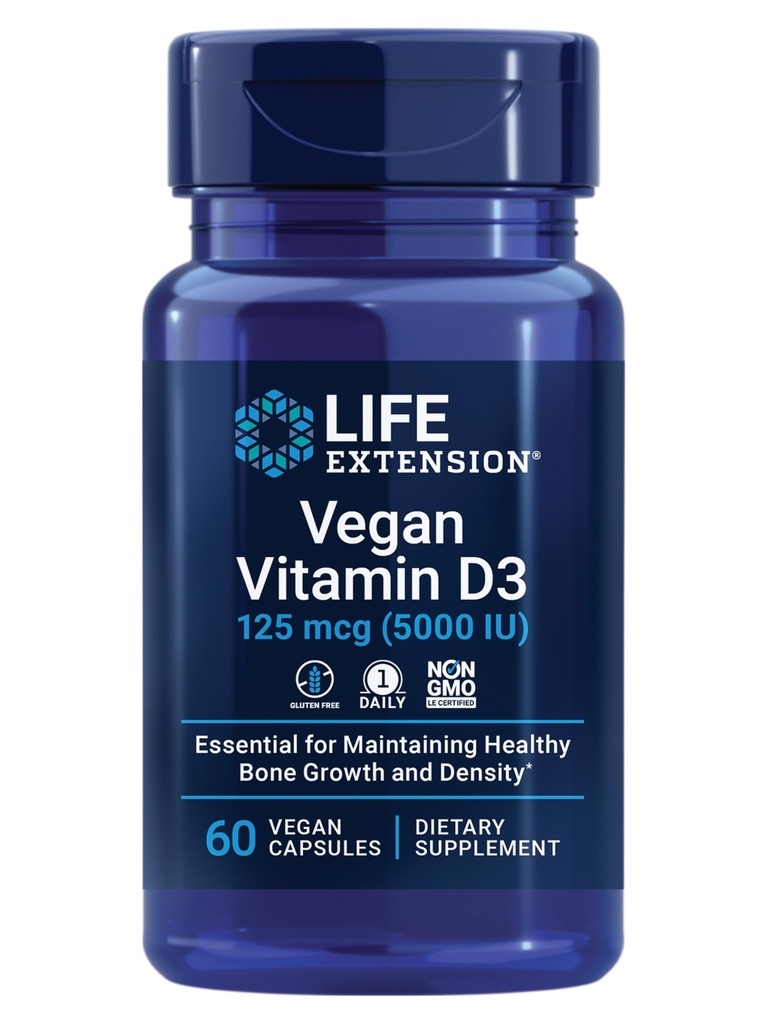 Extensión de la vida Vitamina Vegana D3, 125 mcg (5000 UI), cholecalciferol de Algae, Immune de alta potencia, Bone & Whole-Body Health, Gluten-Free, Non-GMO, 1 Daily, Vegan, 60 cápsulas Vegan