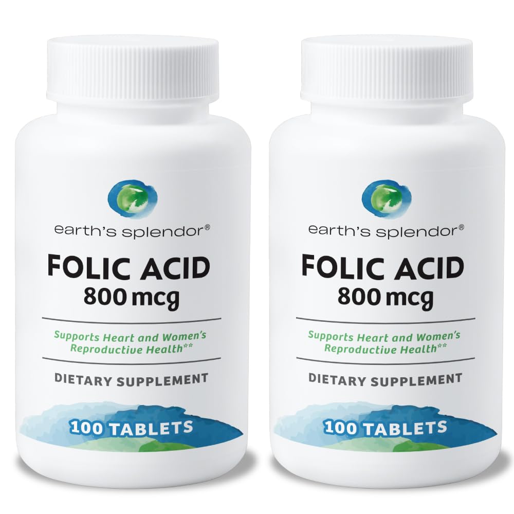 Esplendor de la Tierra Folic Acid 800 mcg Suplemento, apoya la salud del corazón, apoya la salud reproductiva de las mujeres, tablas cubiertas de espuma (800 mcg, 200 Tabletas, Pack de 2)