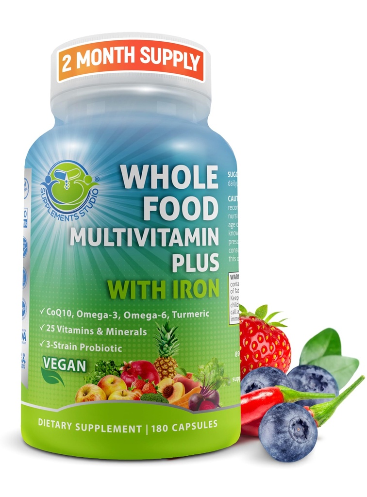 Vegan Whole Food Daily Multivitamin with Iron, Methylated Multivitamin for Women and Men, Made with Fruits & Vegetables, B-Complex, Probiotics, Enzymes, CoQ10, Omegas, Turmeric, Non-GMO, 180 Cuenta