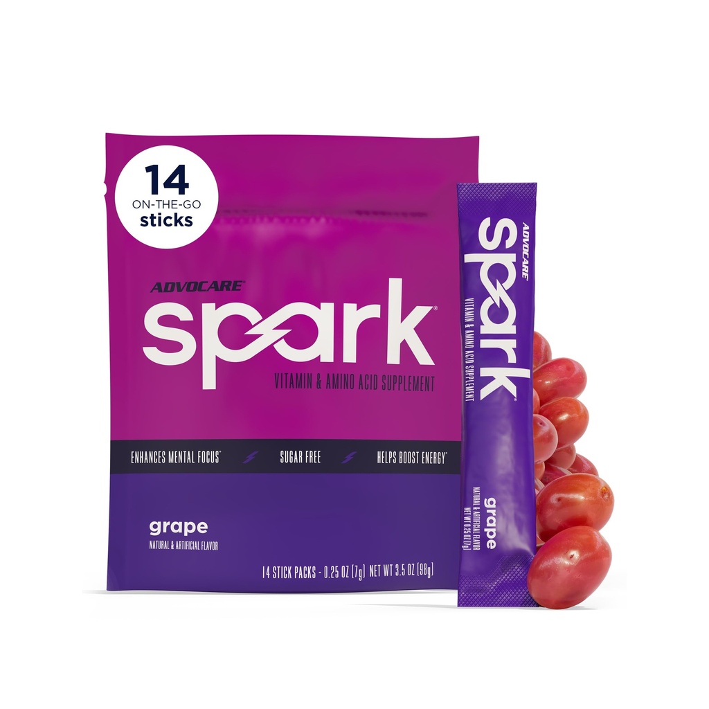 AdvoCare Spark Vitamina &amp; Aminoácidos Suplemento - Focus &amp; Energy Drink Powder Mix with Vitamin A, B-6, C & E - También incluye L-Carnitine &amp; L-Tyrosine - Grape, 14 Stick Packs